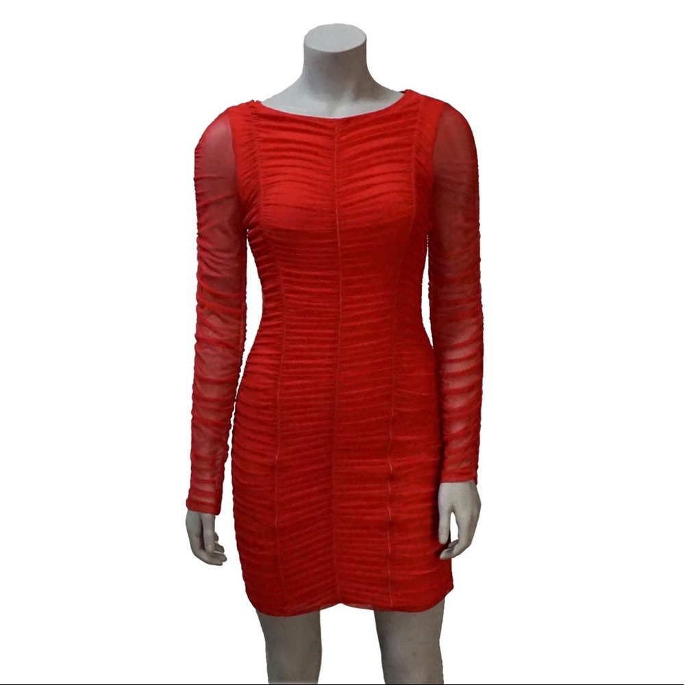 NWOT bebe Ruched Mesh Red Long Sleeve Dress
